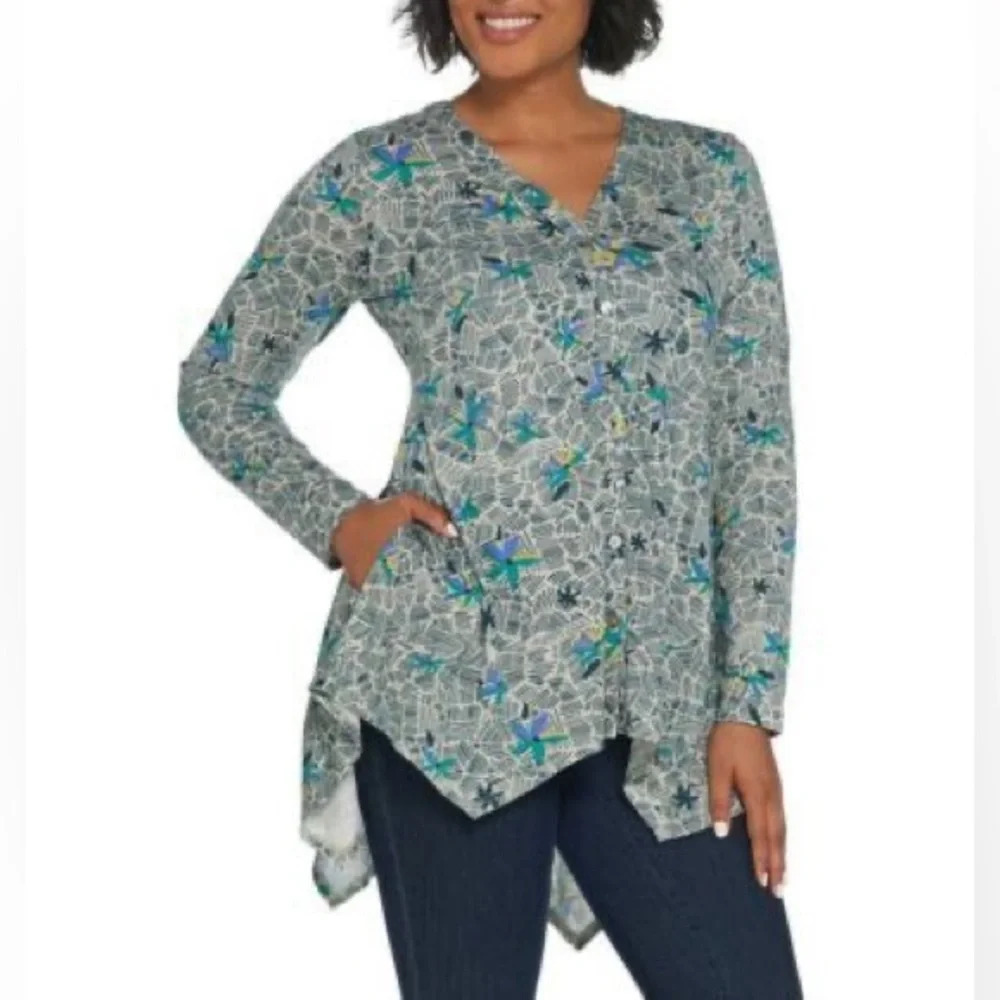 LOGO by Lori Goldstein Printed Knit Button Front Cardigan green teal Large